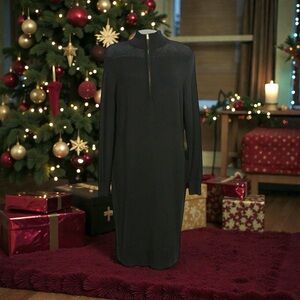 Ralph Lauren Sheath Midi Sweater Dress Size PL Mock Neck Black Gold Quarter Zip